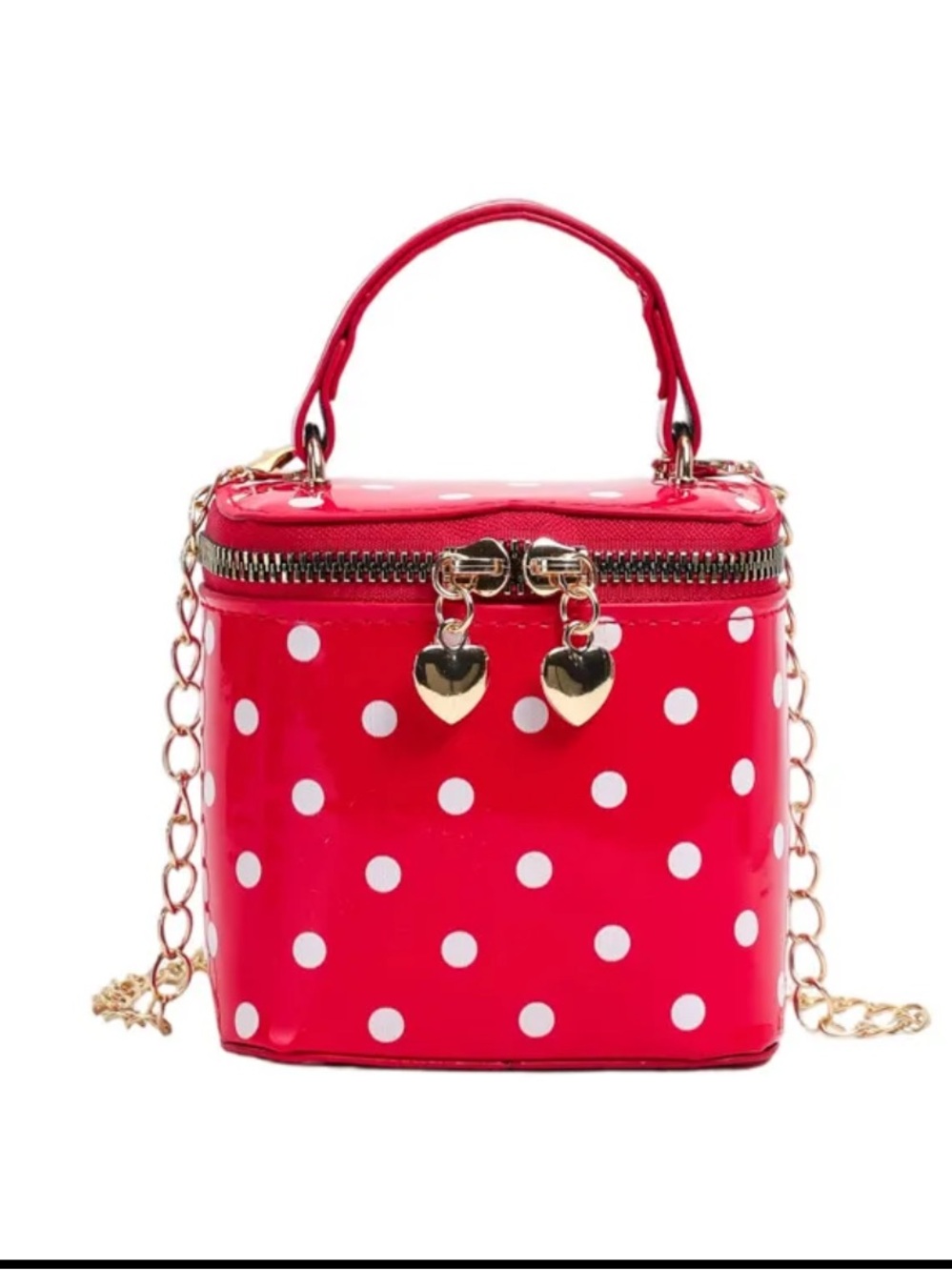 The Coquette Mini Red Patent Polka Dot Top Handle Bag Gold Hearts
